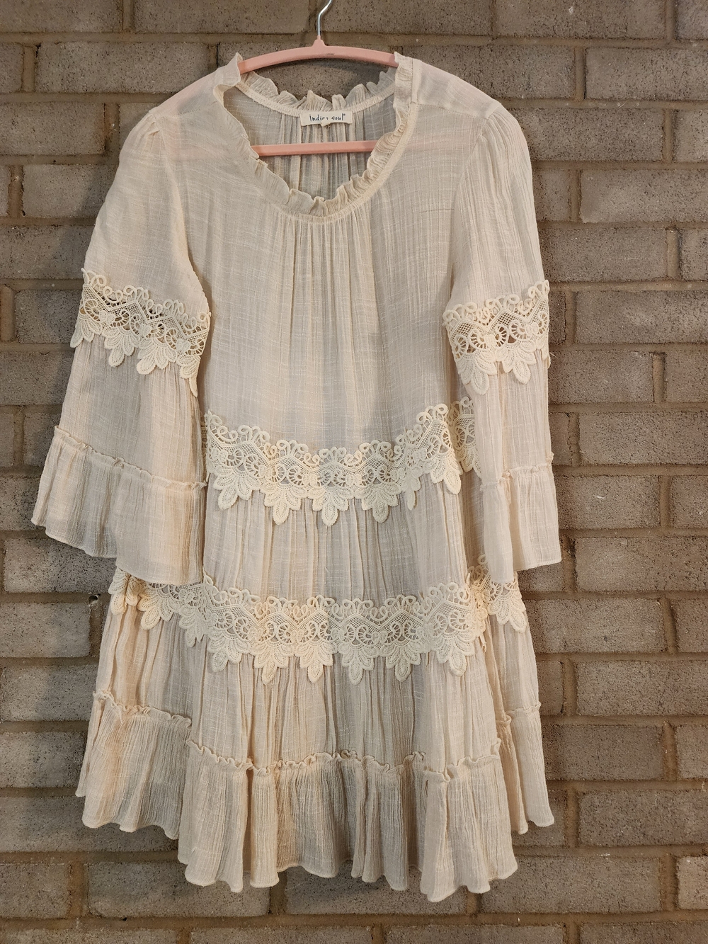 Indigo Soul Boho Crochet Lace Tiered Cream Tunic Dress